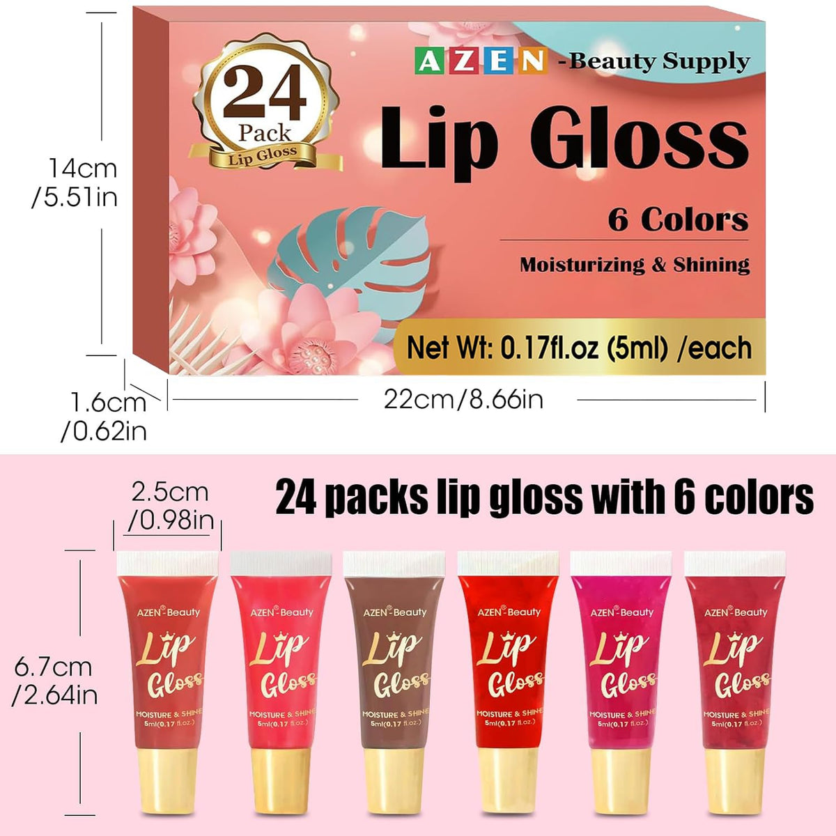 AZEN 24 Pack Lip Gloss Set, Color Lip Oil for Dry Cracked Lips Moisturizing Hydrating Nourishing with Vitamin E AZEN