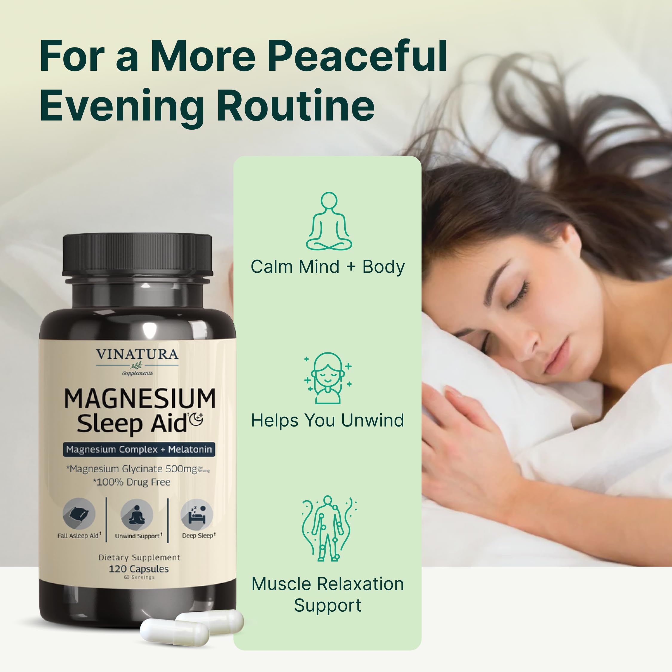 Magnesium Sleep Aid - Magnesium Glycinate Complex for Sleep with Melatonin Supplement - Glycinate 500mg, L-Theanine - 120 Capsules VINATURA buy australia supplements