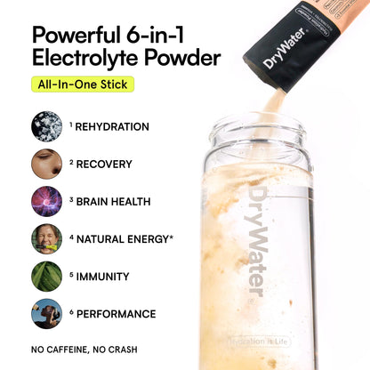 DryWater Electrolyte Powder Packets, Peach Mango - Hydration Packets Drink Mix with Zero Added Sugar for Rehydration & Energy - 6 Key Electrolytes DryWater