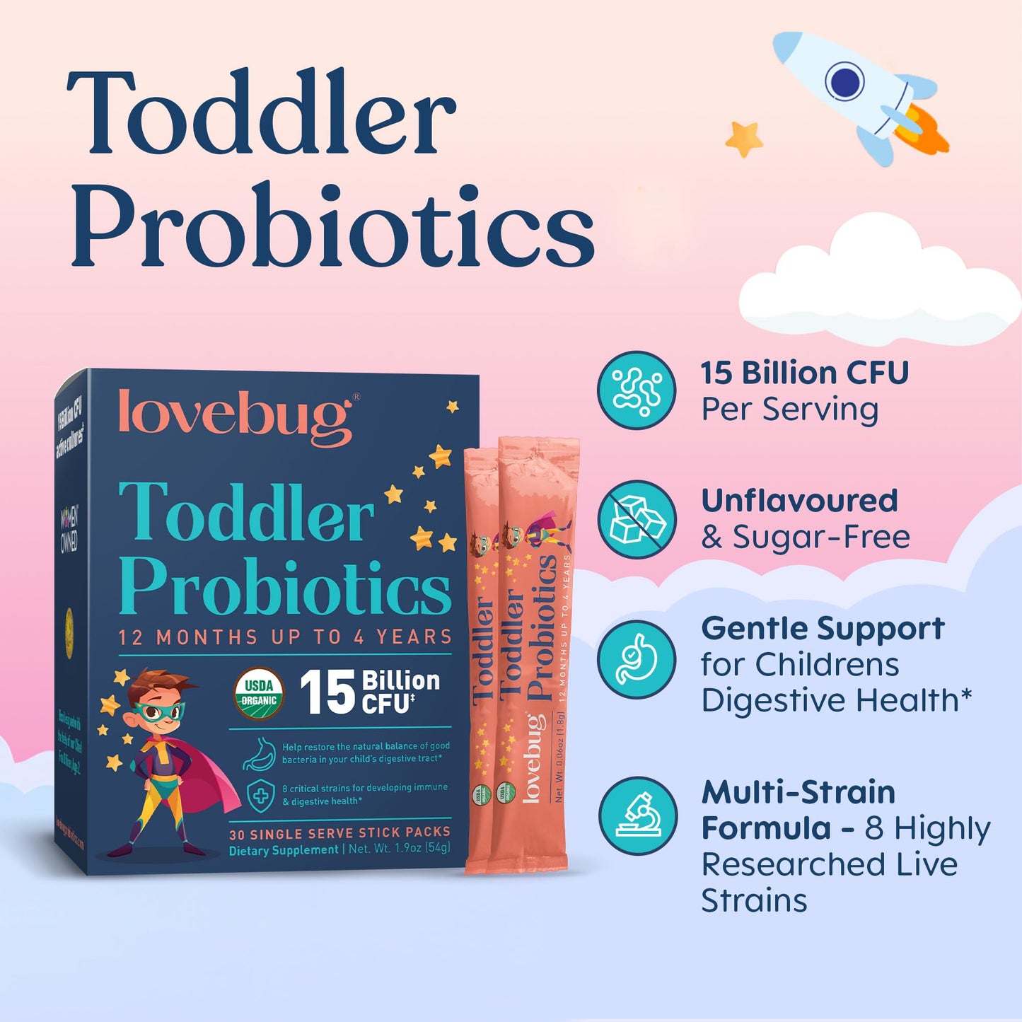 LOVEBUG Kids Probiotic Powder with Prebiotic Fiber - Toddler Immunity Support & Constipation Relief - USDA Organic Probiotics for Childrens Gut & Digestive Health LOVEBUG