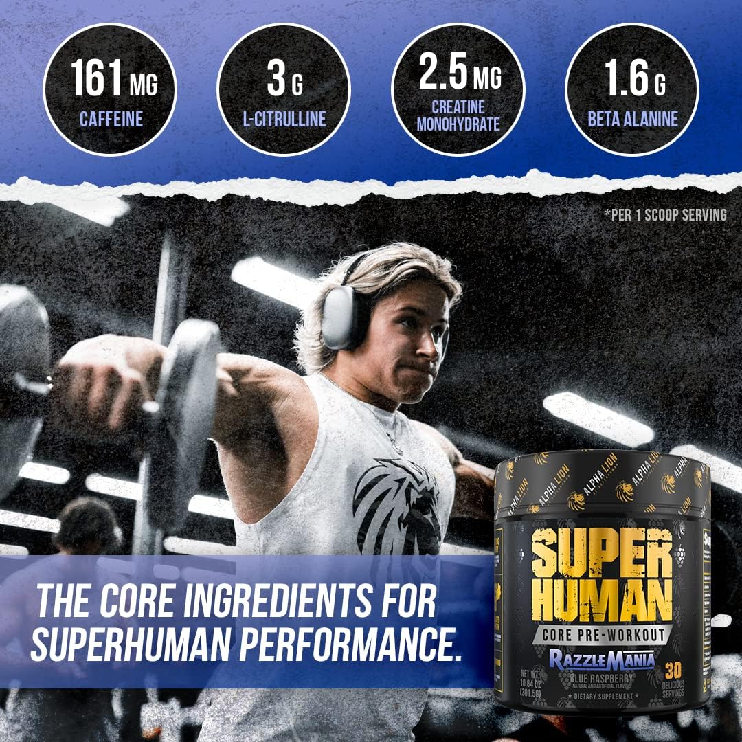 ALPHA LION Core Pre Workout Powder Bundle for Pump & Tri-Source Caffeine for Sustained Energy, Fruit Punch & Blue Raspberry Flavor (30 Servings Each)