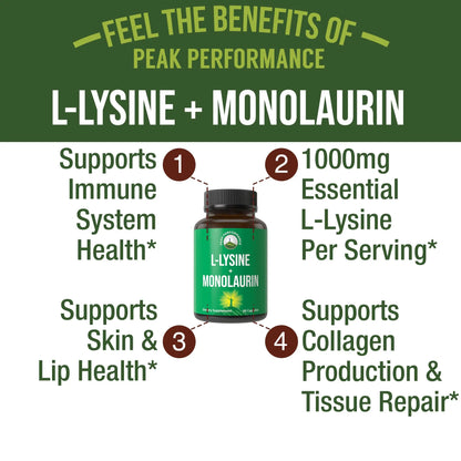 Peak Performance L Lysine 1000mg + Monolaurin 500mg High Potency Supplement for Lips, Skin, & Immune Support - L-Lysine 2-in-1 Bioavailable Supplements Peak Performance