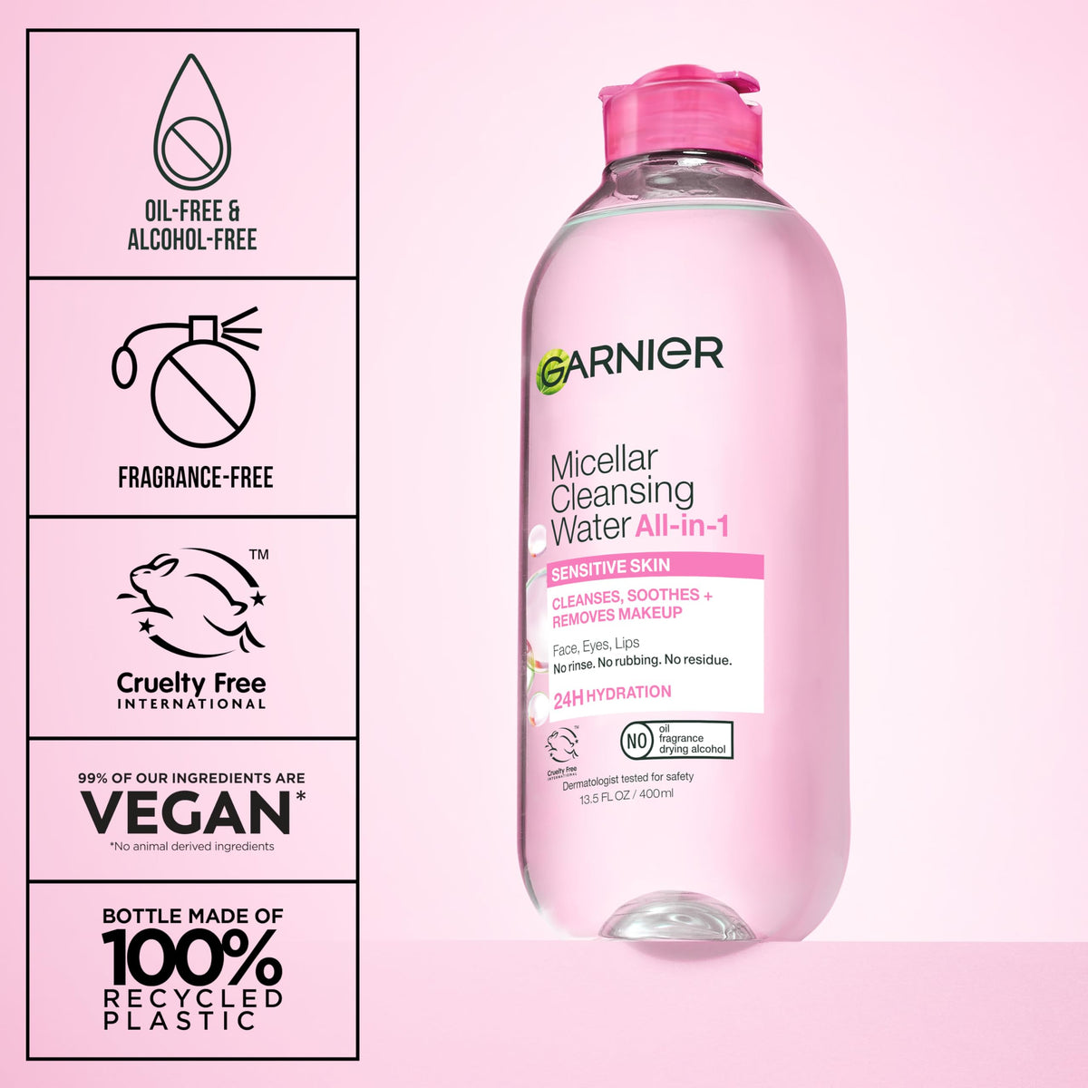 Garnier Micellar Water, Hydrating Facial Cleanser & Makeup Remover, Suitable for Sensitive Skin, Vegan, Cruelty Free, 13.5 Fl Oz (400mL), 1 Count Garnier