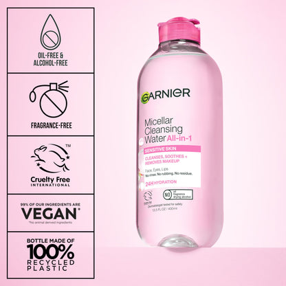 Garnier Micellar Water, Hydrating Facial Cleanser & Makeup Remover, Suitable for Sensitive Skin, Vegan, Cruelty Free, 13.5 Fl Oz (400mL), 1 Count Garnier