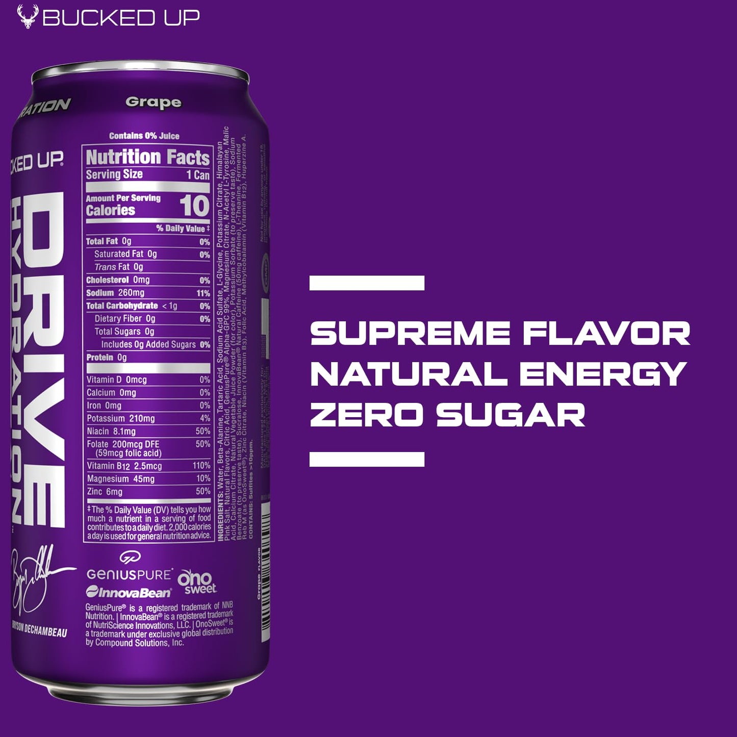 Bucked Up Drive Hydration and Energy | Zero Sugar Electrolyte Drink with GeniusPure Alpha-GPC & 50mg Natural Caffeine | No Artificial Colors | Performance Hydration Beverage | 12 Pack, 16 fl oz Cans | (Grape)