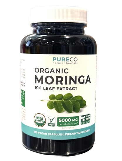 USDA Organic Moringa Capsules - High Potency Organic Moringa 500mg Extract 10:1 Per 1 Capsule Serving - Nutrient Dense Green Superfood Antioxidant PURE CO