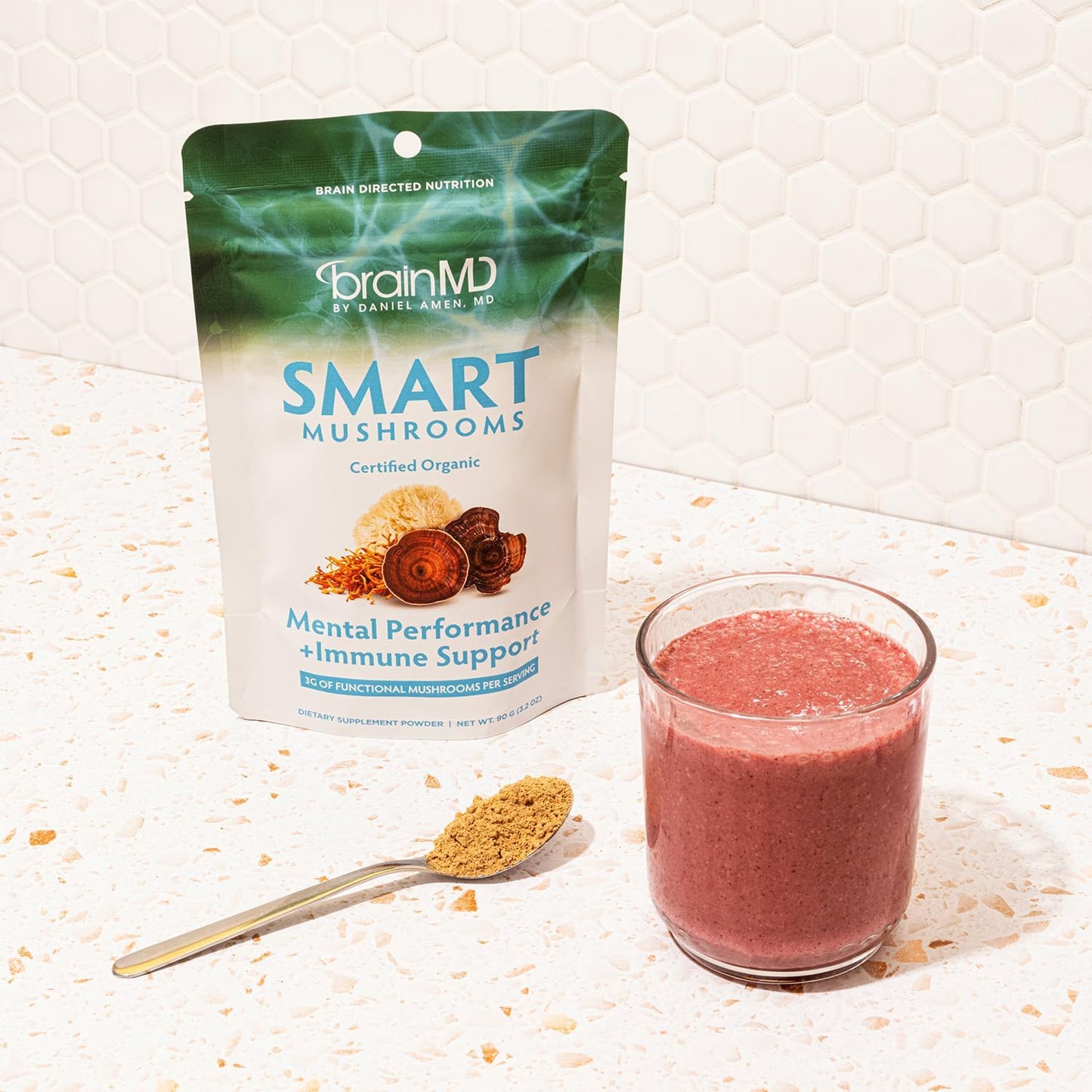 BRAINMD Dr Amen Smart Mushrooms - 3.2 oz - Mental Performance + Immune Support - Vegan, GMO Free, Gluten Free - 30 Servings