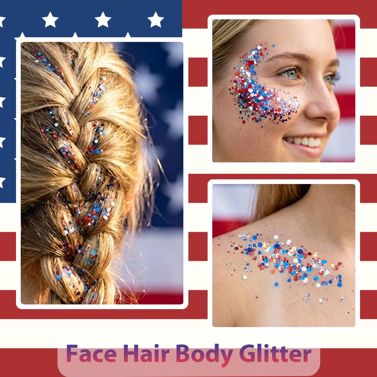 Mysense Patriotic Red White and Blue Face Hair Body Glitter Stick,4th of July Outfits and Accessories for Women Kids,USA Flag Makeup for Independence Day 250 Anniversary Memorial Day Veterans Day Mysense
