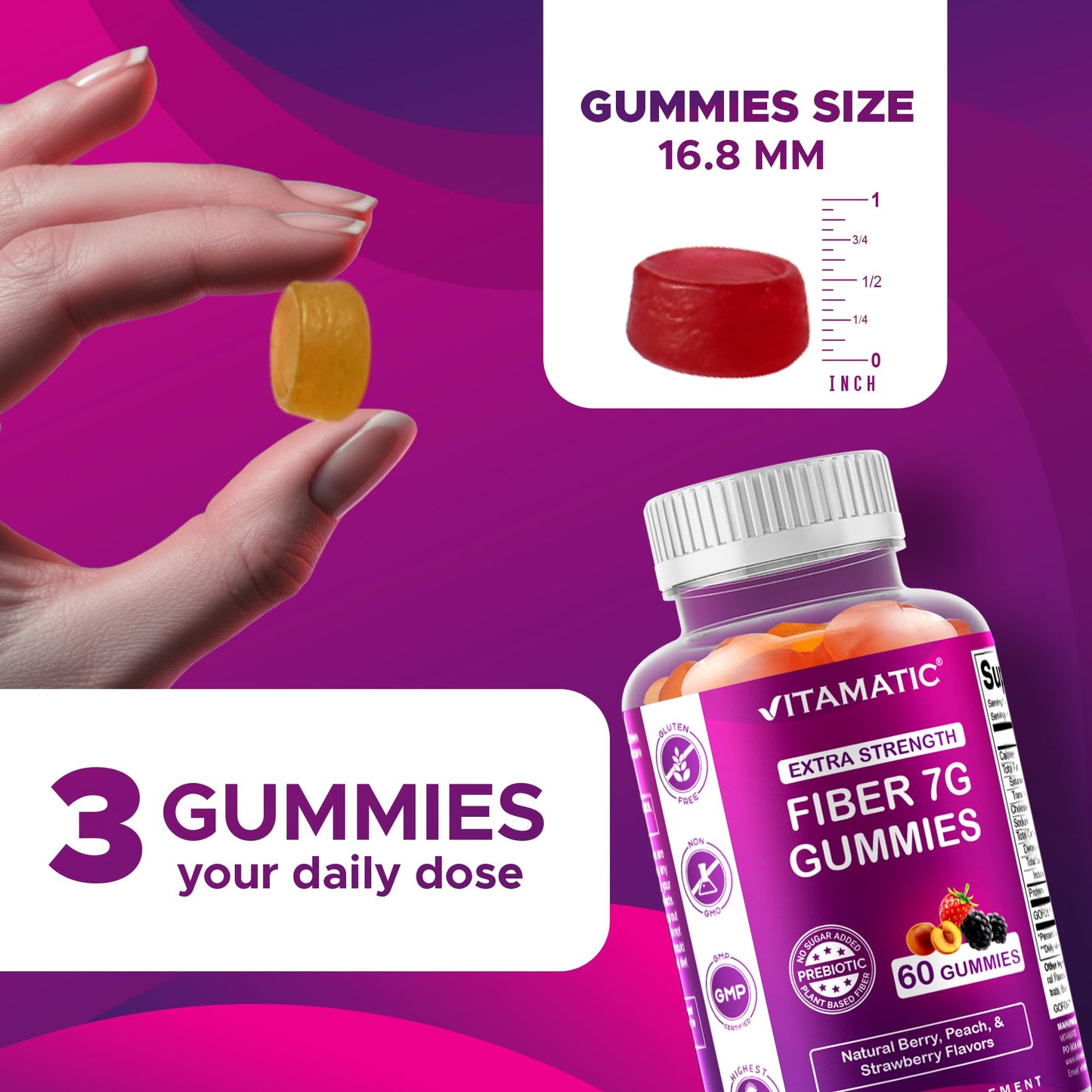 Vitamatic Prebiotic Fiber Gummies for Adults – 2 Pack (Total 120 Gummies) 7g Fiber per Serving | Extra Strength | Zero Sugar Added | Pectin-Based Vitamatic
