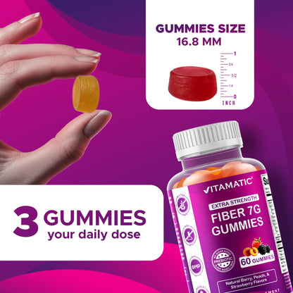 Vitamatic Prebiotic Fiber Gummies for Adults – 2 Pack (Total 120 Gummies) 7g Fiber per Serving | Extra Strength | Zero Sugar Added | Pectin-Based Vitamatic