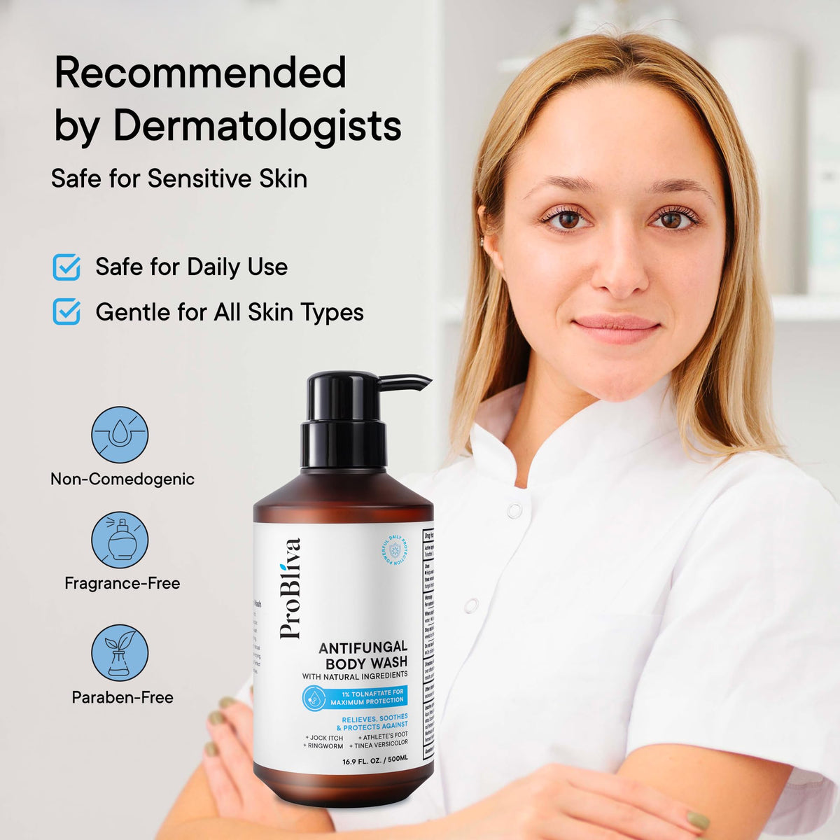 Antifungal Body Wash Treatment Soap – Antibacterial Wash for Jock Itch, Ringworm, Back Acne, Tinea & Foot Odor – Medicated Skin Relief Cleanser Gel with Tea Tree Oil & Tolnaftate for Men and Women ProBliva