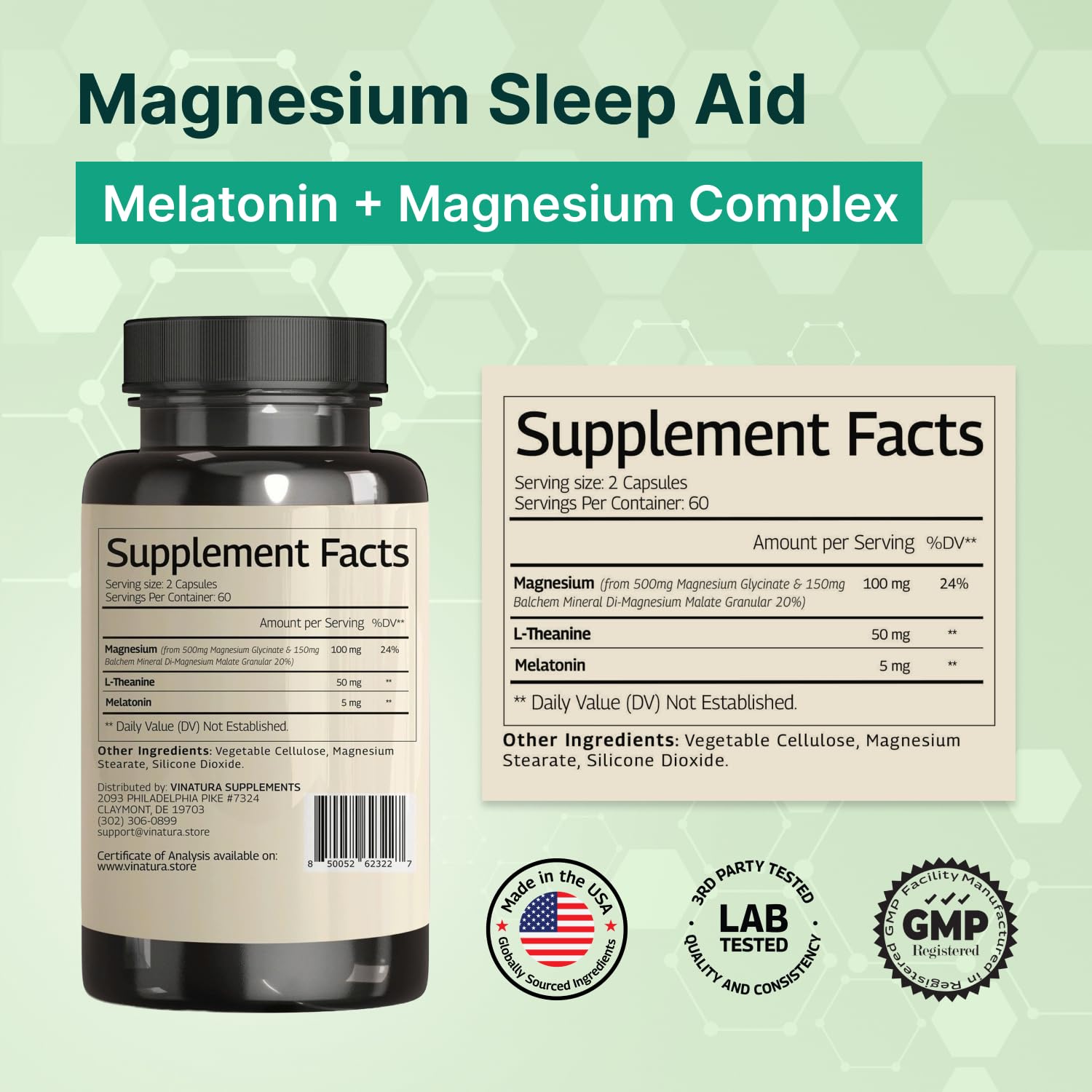 Magnesium Sleep Aid - Magnesium Glycinate Complex for Sleep with Melatonin Supplement - Glycinate 500mg, L-Theanine - 120 Capsules VINATURA buy australia supplements