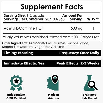 Nootropics Depot Acetyl L-Carnitine Capsules | 500mg | 90 Count | HCL Form | Energy Supplement | Supports Mitochondrial Function | ALCAR HCL