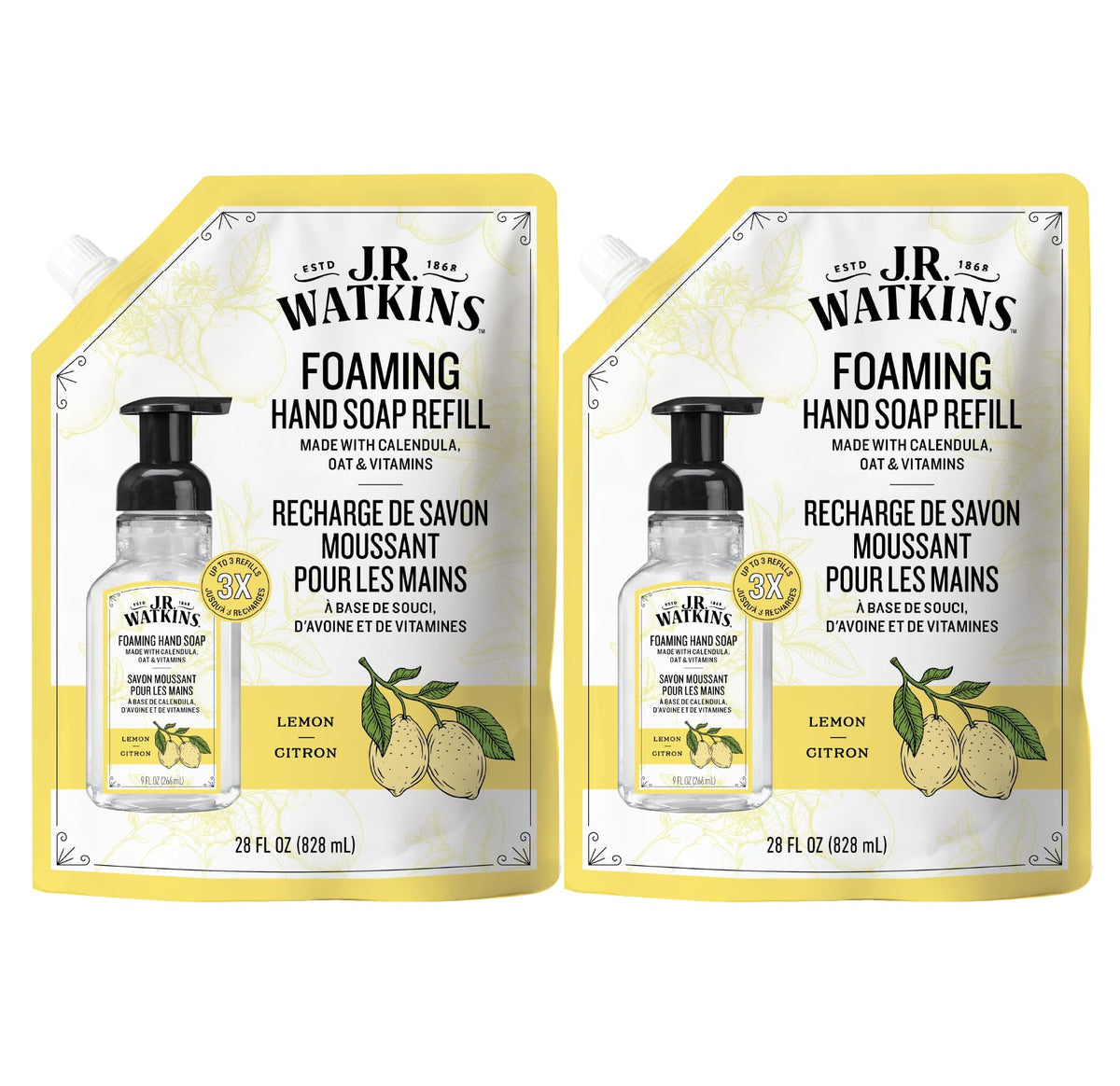J.R. Watkins Moisturizing Foam Hand Soap Refill 2 Pack, Lemon, 28 fl oz J.R. Watkins