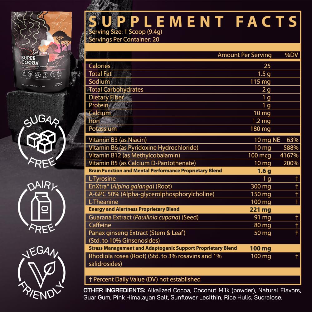 Super Cocoa Coffee Alternative Hot Chocolate Mix - Nootropics Brain Support Supplement for Memory & Focus - Mushroom Coffee Substitute - Dairy Free, Sugar Free, Super Cocoa