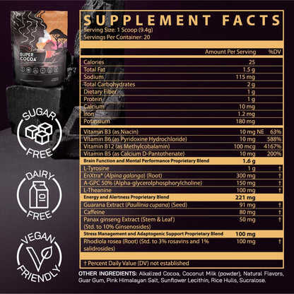 Super Cocoa Coffee Alternative Hot Chocolate Mix - Nootropics Brain Support Supplement for Memory & Focus - Mushroom Coffee Substitute - Dairy Free, Sugar Free, Super Cocoa