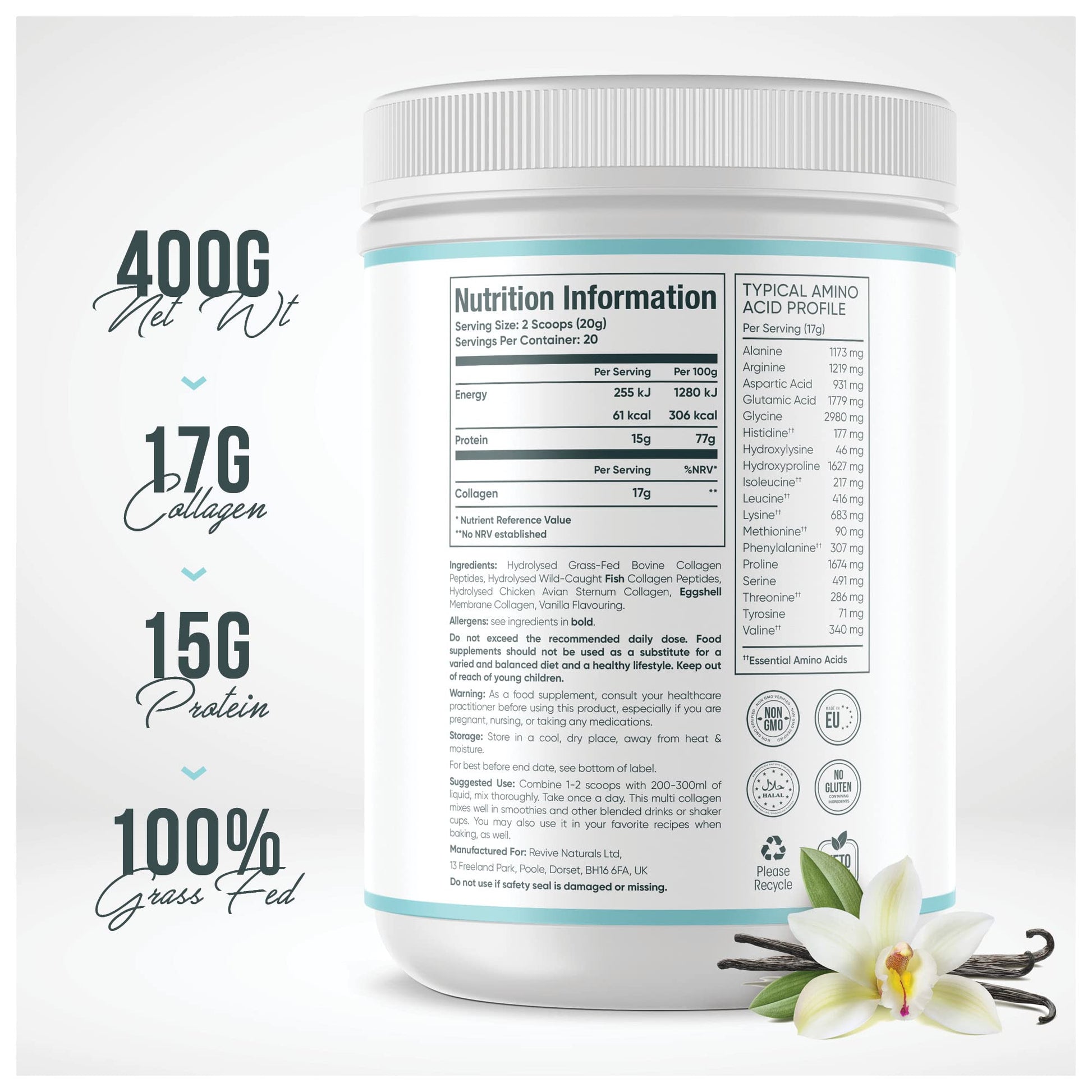 Vanilla Multi Collagen Protein Powder - 400g - Unsweetened - 5 Types of Collagen Peptides Revive Naturals buy australia supplements
