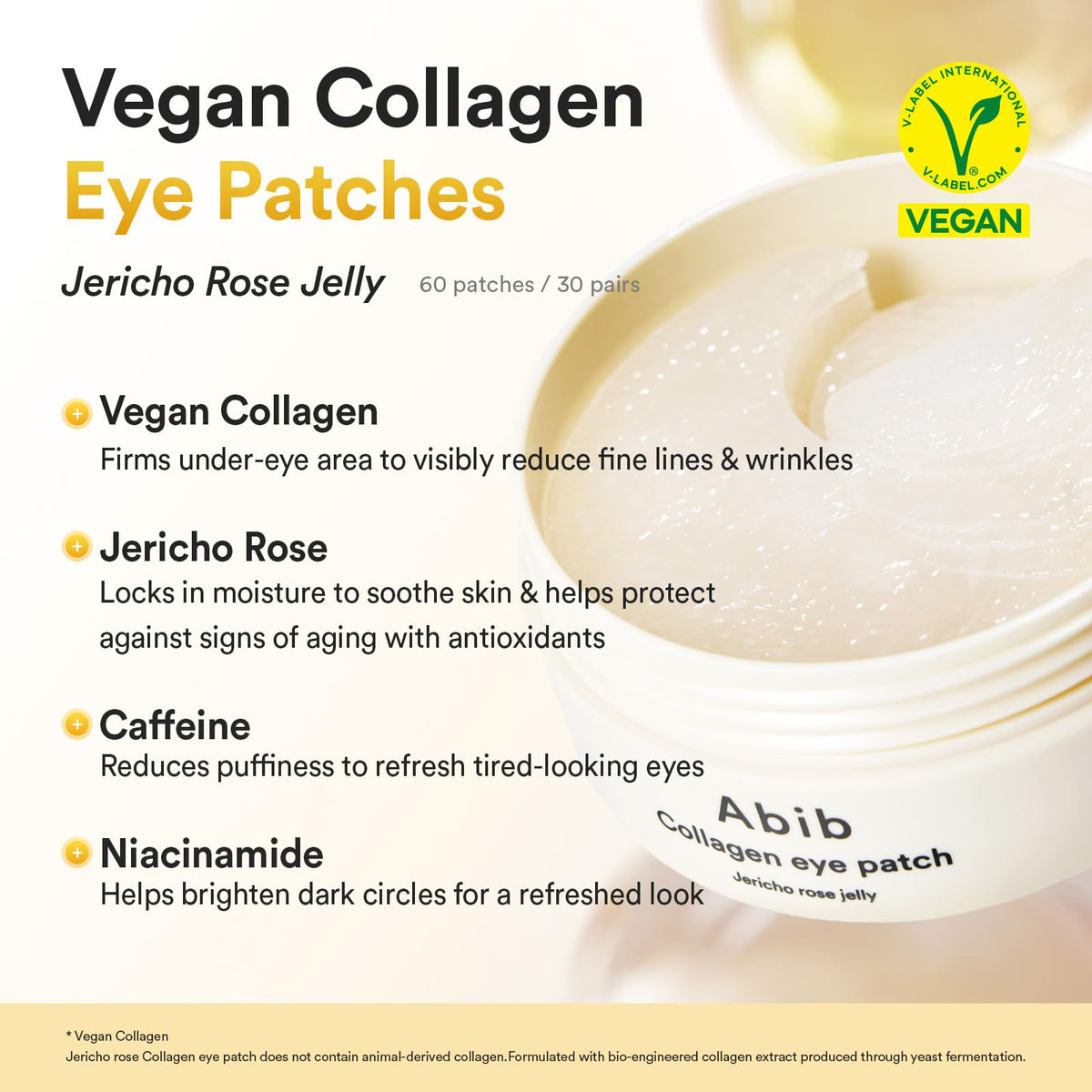 Abib Vegan Collagen Eye Patches for Wrinkles & Fine Line with Jericho Rose Jelly & Peptides, 60 Count, Korean Skin Care abib
