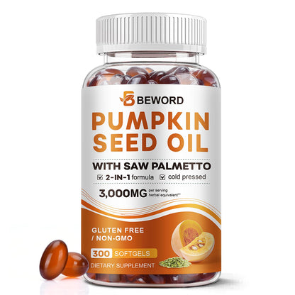 Pumpkin Seed Oil with Saw Palmetto Capsules, 3000mg/serving, 300/600 Softgels | Cold Pressed, Pure Virgin Oil, Essential Fatty Acids & Phytosterols | Supports Hair, Urinary BEWORD