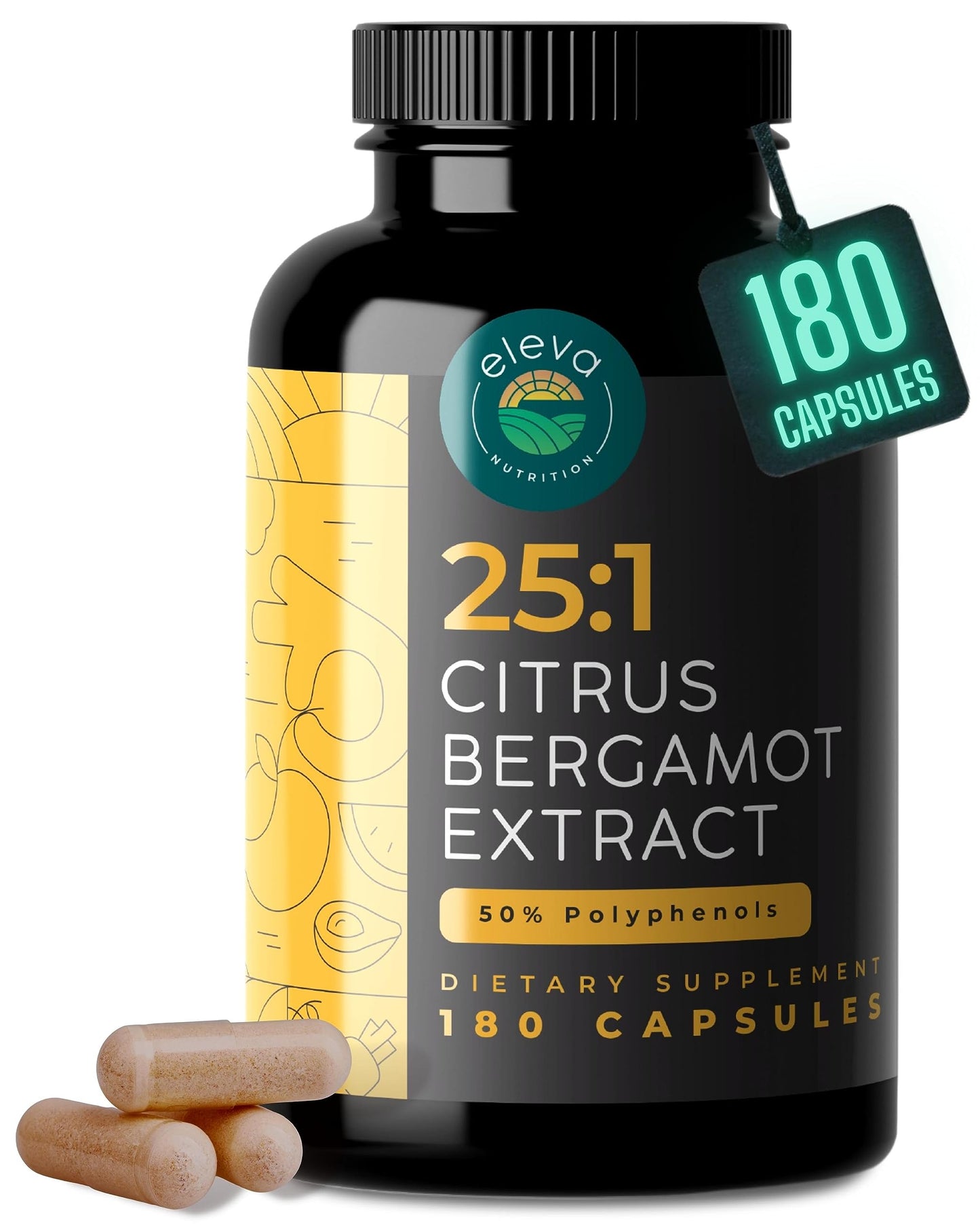 Citrus Bergamot Extract 1000mg Capsules — Natural 25:1 Citrus Bergamot Supplement with 50% Polyphenols Extract and Black Pepper Eleva Nutrition