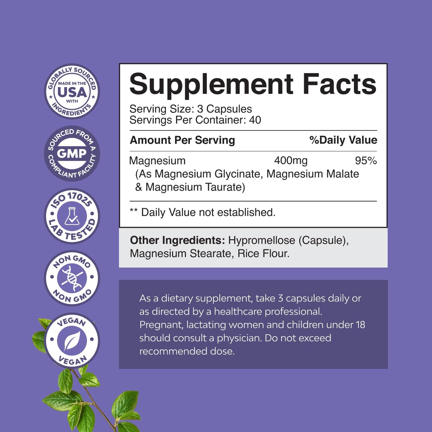 Triple Magnesium Complex 400mg w Magnesium Glycinate Taurate Malate - 180ct | Magnesium triple complex for women and men with magnesium taurate glycinate malate blend Magnesio Gsupps Australia