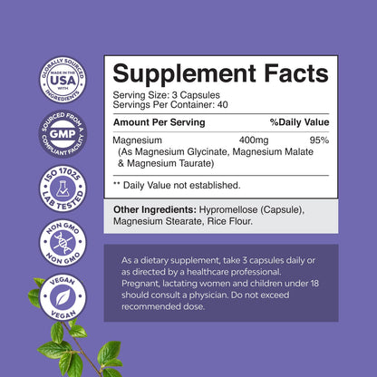Triple Magnesium Complex 400mg w Magnesium Glycinate Taurate Malate - 180ct | Magnesium triple complex for women and men with magnesium taurate glycinate malate blend Magnesio Gsupps Australia