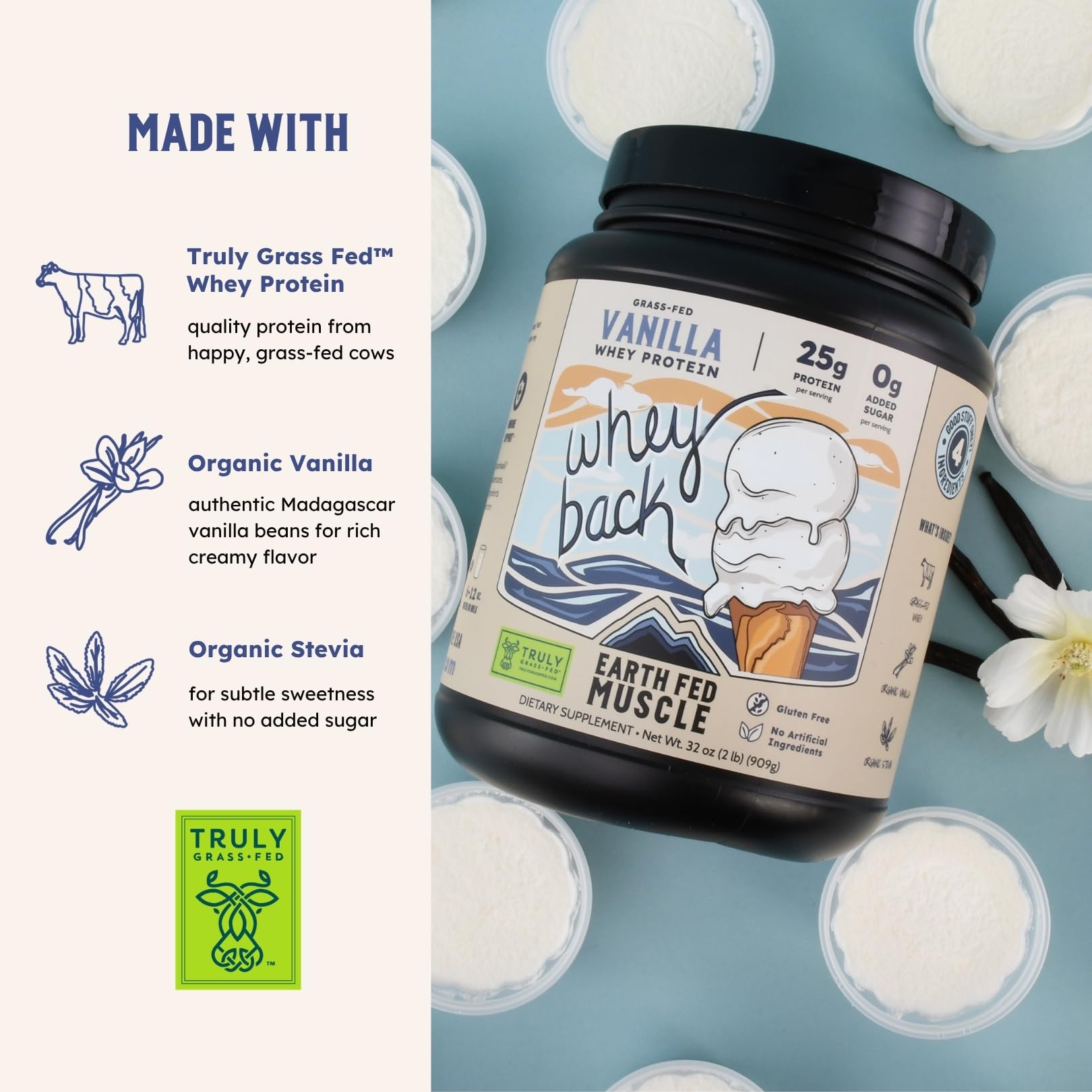 Earth Fed Muscle Whey Back Irish Grass Fed Whey Protein Isolate, Third-Party Certified. 25g Protein, Vanilla - Non-GMO, Hormone Free, Soy Free, Gluten Free - 2 LB, 29 Servings Earth Fed Muscle buy australia supplements