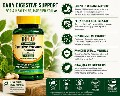 H4U Advanced Digestive Enzymes with Probiotics & Prebiotics – Multi Enzyme Supplement for Gut Health, Digestion Support, Bloating Relief & Stomach Comfort, H4U