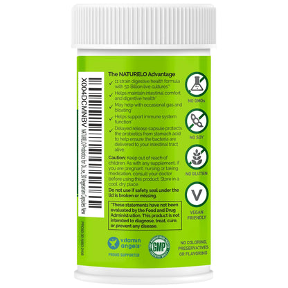 NATURELO Probiotics for Digestive Health, 50 Billion CFU, 30 Vegetarian Capsules, 11 Strains, Daily Use Supplement, Delayed Release, No-Fridge, Helps Boost Immune System, NATURELO