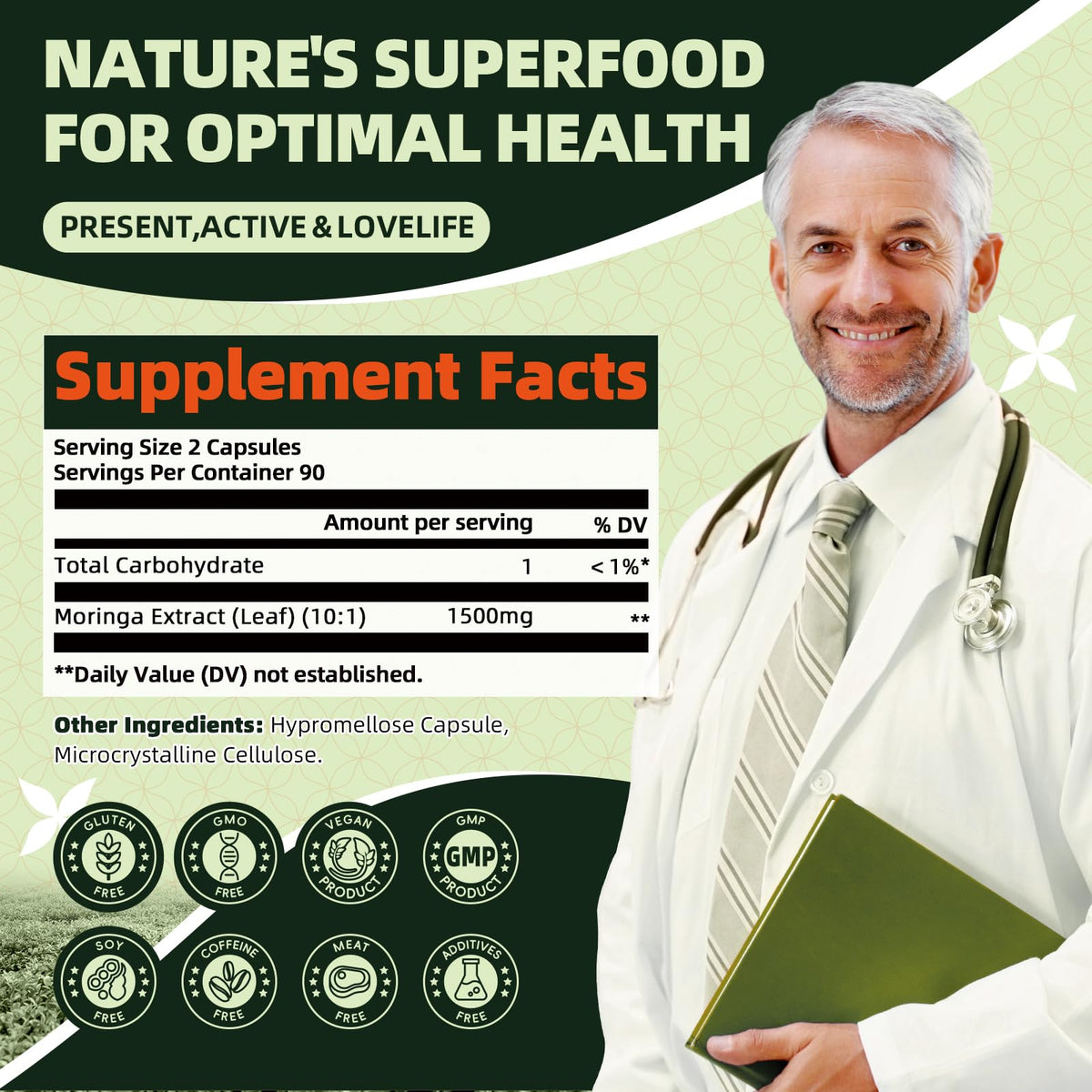 GREENPEOPLE Whole-Leaf Moringa Capsules 1500mg - High Potency 10:1 Moringa Oleifera Leaf Extract - Natural Green Superfood for Energy & Immune Support GREENPEOPLE