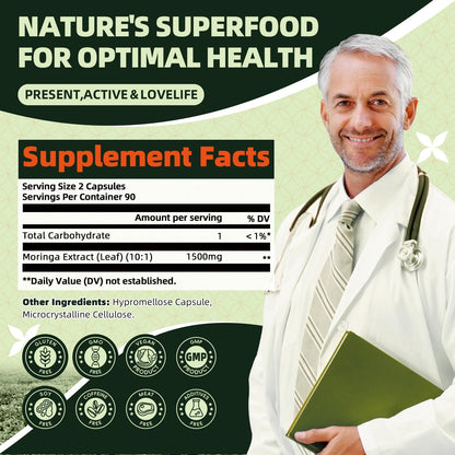 GREENPEOPLE Whole-Leaf Moringa Capsules 1500mg - High Potency 10:1 Moringa Oleifera Leaf Extract - Natural Green Superfood for Energy & Immune Support GREENPEOPLE