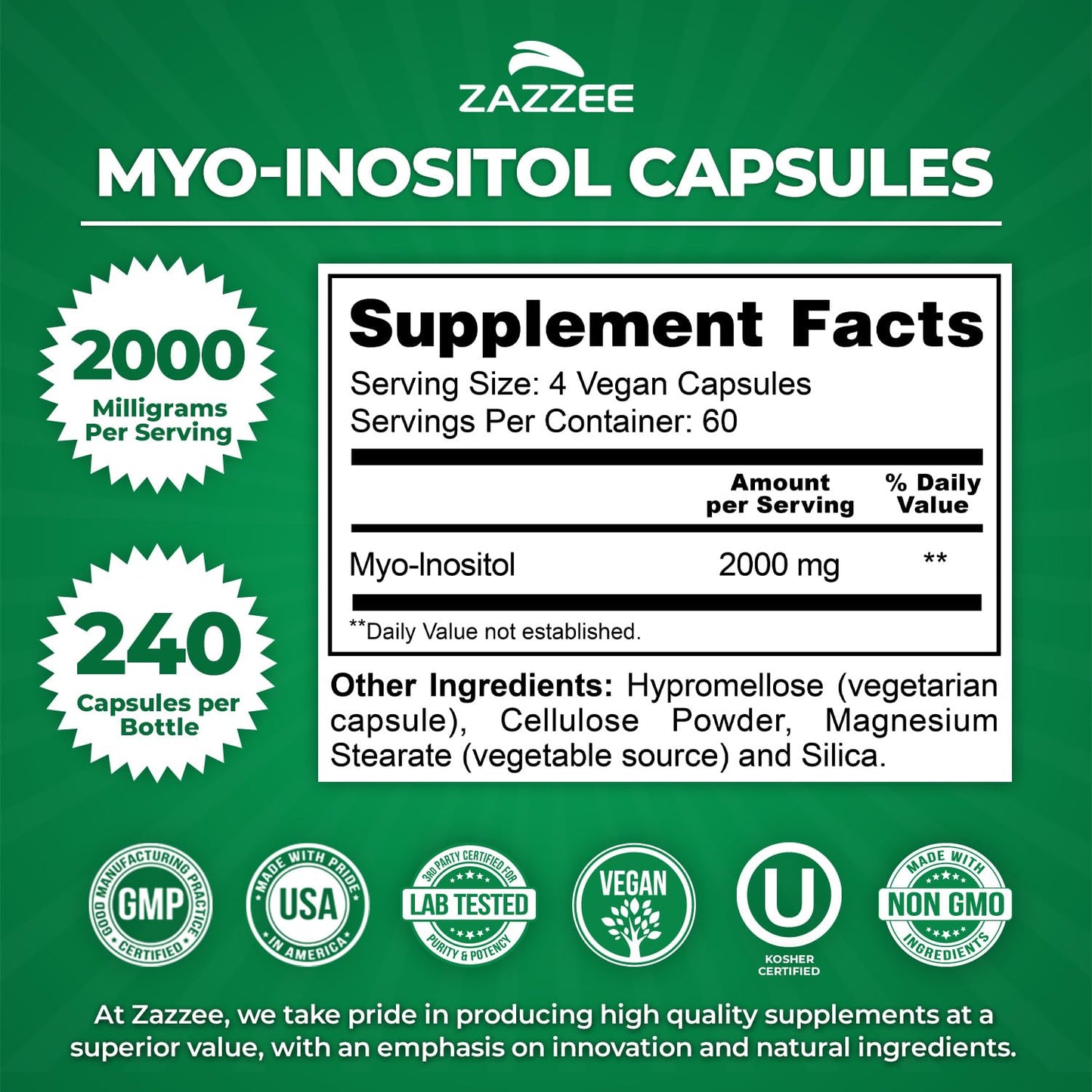Zazzee Myo-Inositol Capsules, 2000 mg per Serving, 120 Vegan Capsules | Ideal Dosage for 40:1 Ratio, Certified Kosher, Hormone Balance & Healthy Ovarian Function Support, Non-GMO, Made in the USA Gsupps Australia