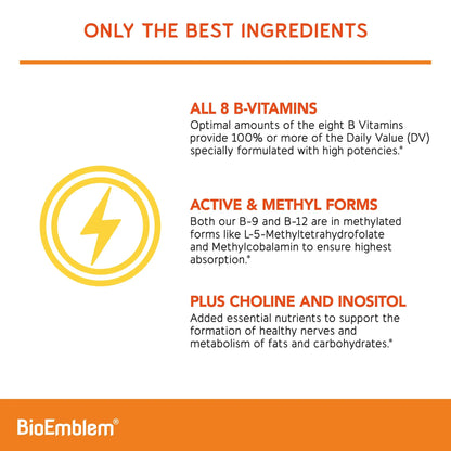 BioEmblem Vitamin B-Complex - All 8 Active Forms with Methyl Folate, Methyl B12, B6, Biotin Plus Choline Inositol, Supports Energy, Metabolism, Brain, Heart Health BioEmblem
