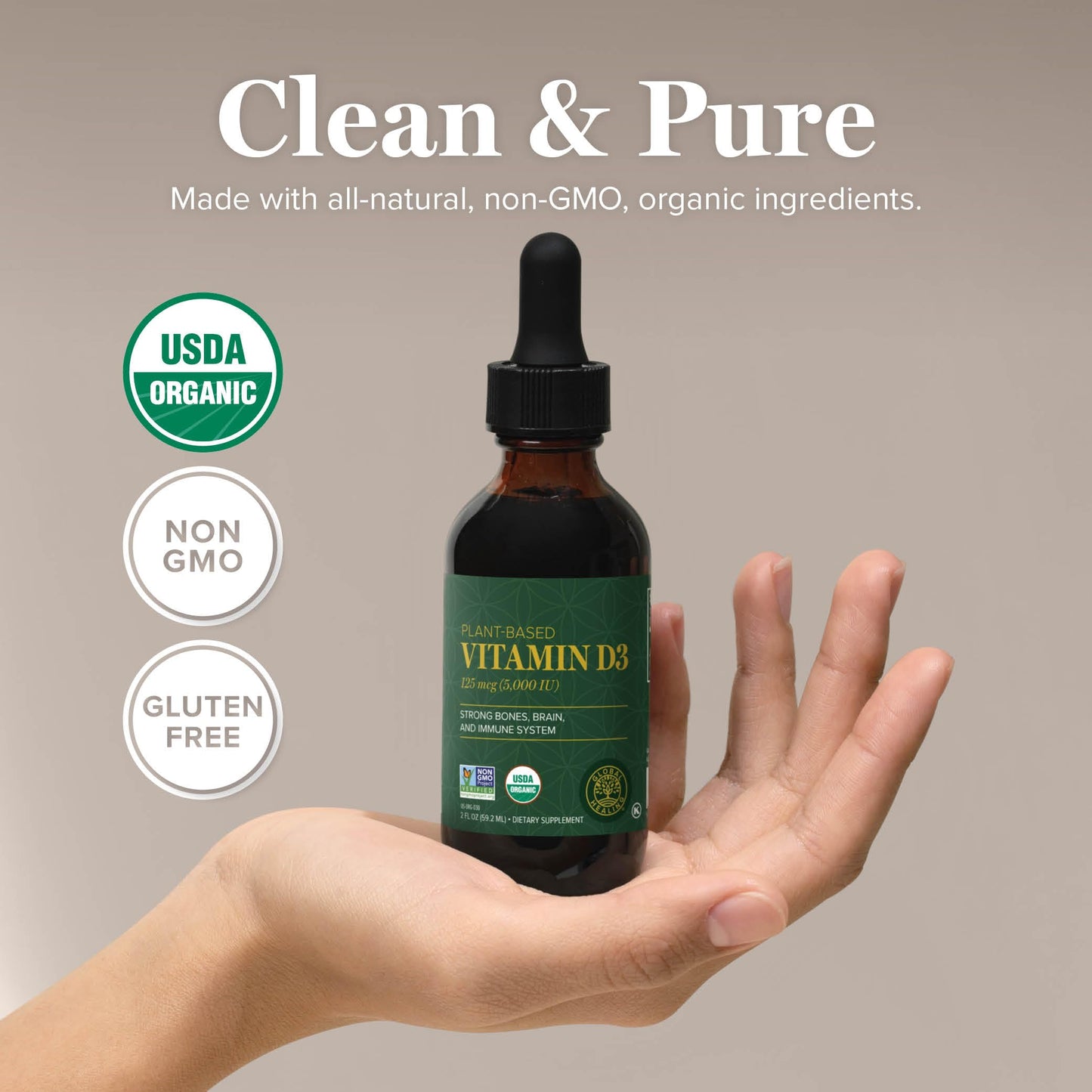 Global Healing Organic Vitamin D3 5000 IU Supplement - Vegan Vitamin D Supplements for Immune Health & Strong Bones Support - Pure D3 Vitamin 5000 IU Ingredients, VIT D3-2 Fl Oz