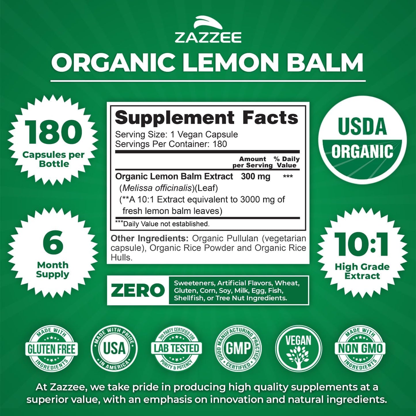 Zazzee USDA Organic Lemon Balm 10:1 Extract, 180 Capsules, 6 Month Supply | Vegan, All-Natural, Non-GMO, Melissa Officinalis, Calm, Mood, Stress & Relaxation Support, Herbal Supplement, Made in the USA Gsupps Australia
