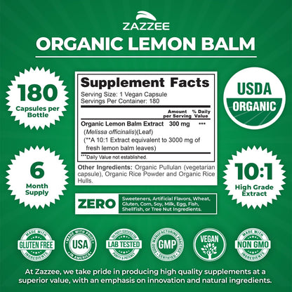 Zazzee USDA Organic Lemon Balm 10:1 Extract, 180 Capsules, 6 Month Supply | Vegan, All-Natural, Non-GMO, Melissa Officinalis, Calm, Mood, Stress & Relaxation Support, Herbal Supplement, Made in the USA Gsupps Australia