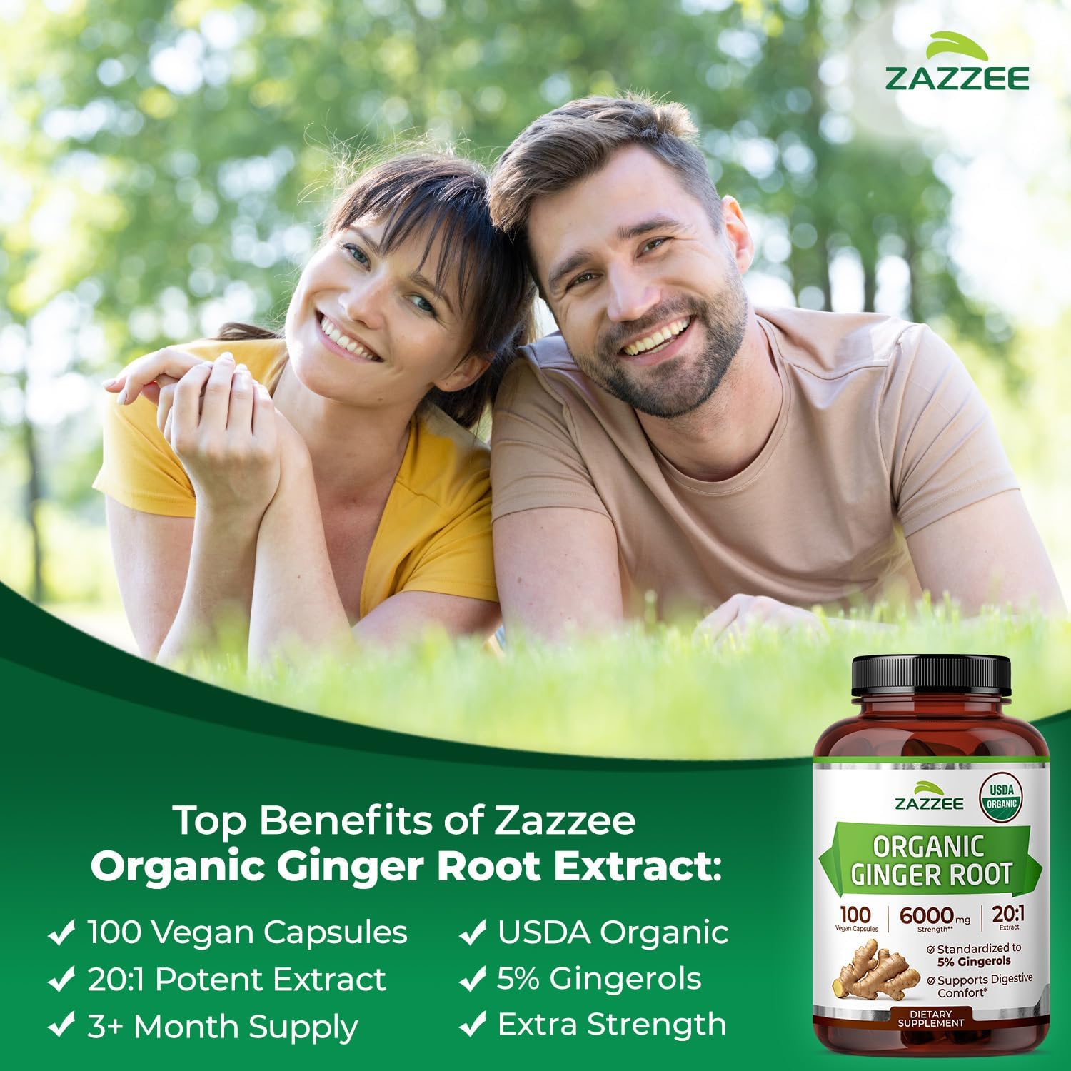 Zazzee USDA Organic Ginger Root 20:1 Extract, 5% Gingerols, 100 Capsules | Vegan, 3+ Month Supply, Digestive & Stomach Support, Zingiber Officinale, All-Natural, Non-GMO, Made in the USA Gsupps Australia