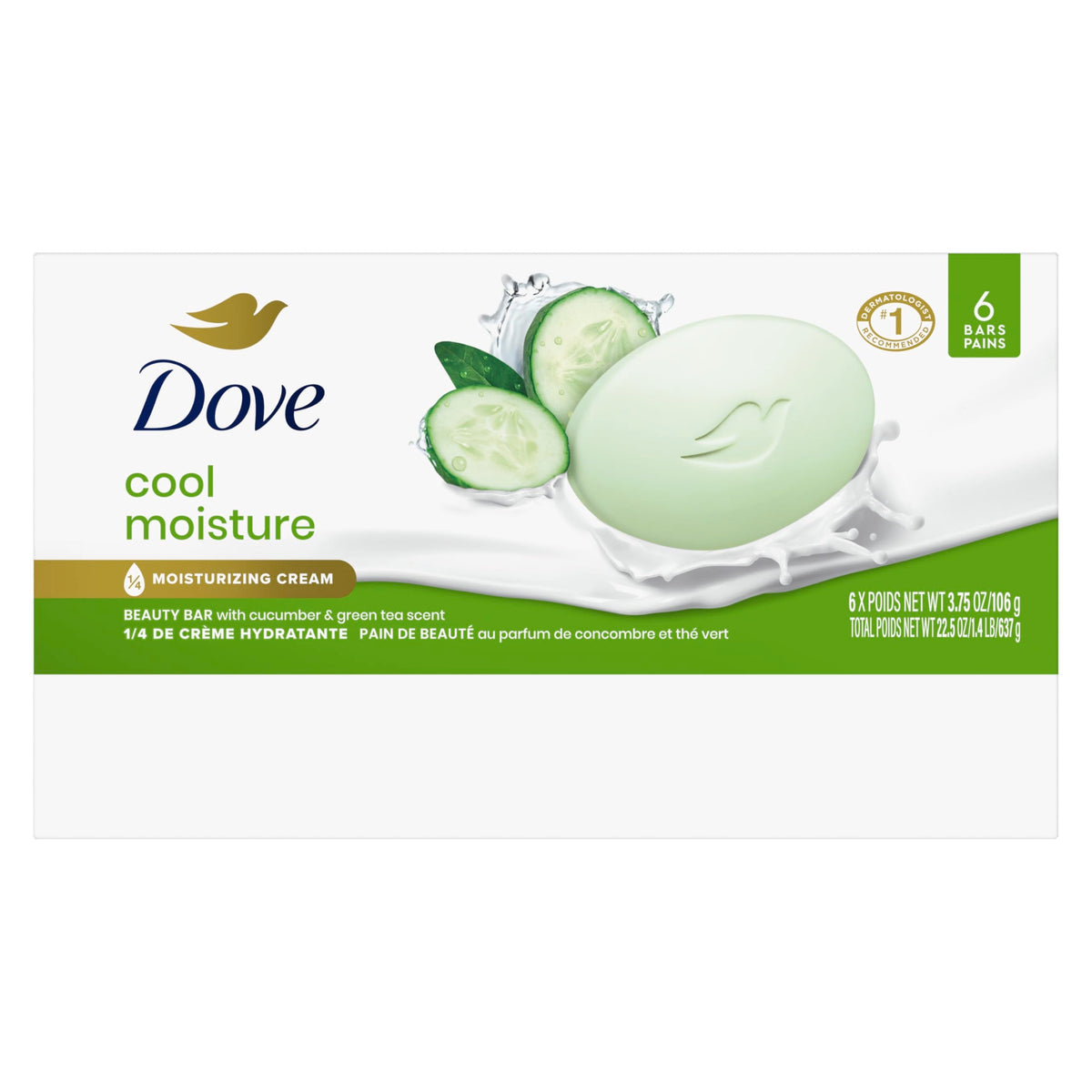 Dove Beauty Bar Soap Cool Moisture Cucumber & Green Tea Scent 6 Bars 3.75oz Dove