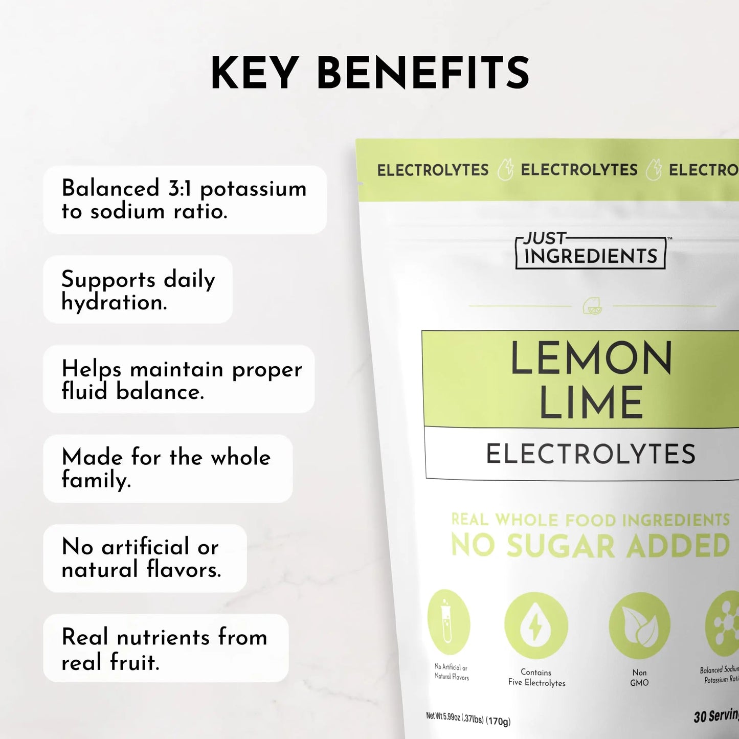 Lemon Lime Electrolytes – 30‑Serving Hydration Drink Mix with Coconut Water, Sea Salt, and Trace Minerals – Supports Energy, Recovery, and Electrolyte Balance* JUST INGREDIENTS