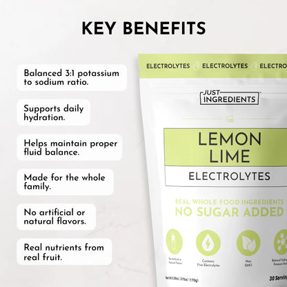 Lemon Lime Electrolytes – 30‑Serving Hydration Drink Mix with Coconut Water, Sea Salt, and Trace Minerals – Supports Energy, Recovery, and Electrolyte Balance* JUST INGREDIENTS