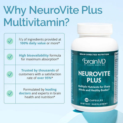 BRAINMD Dr Amen NeuroVite Plus - 120 Capsules - Multivitamin & Mineral Supplement, Enhanced with Phytonutrients, Enzymes & Whole Foods - Gluten Free - 30 Servings