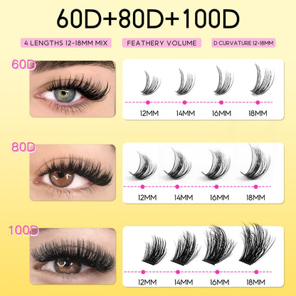HEYWINK Lash Clusters Kit 60D 80D 100D Thick Cluster Eyelash Extensions 12-18mm Lash Clusters Individual Lash Extensions DIY Clusters Lashes Extension at Home (60D+80D+100D 12-18MM Kit) HEYWINK