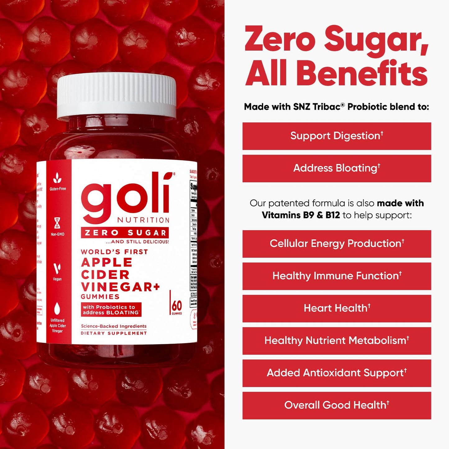 Goli Zero Sugar Apple Cider Vinegar Gummies - ACV with Vitamin B12 and Probiotics - No Sugar Alcohols - Vegan, Keto-Friendly, Gluten-Free Goli