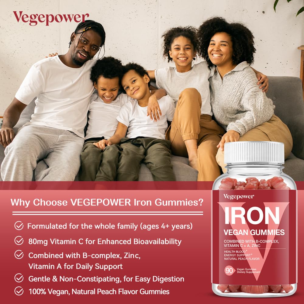 Vegan Iron Gummies Supplement - with Vitamin C, A, B-Complex, Folate, Zinc for Adults & Kids - Health Blood & Energy Support for Iron Deficiency, VEGEPOWER