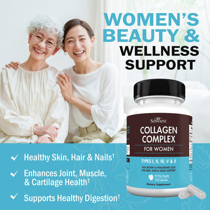 BioSchwartz Hydrolyzed Collagen Peptide Capsules - Multi Collagen Supplements for Women Types I, II, III, V, X with Vitamin C, Biotin, BioSchwartz