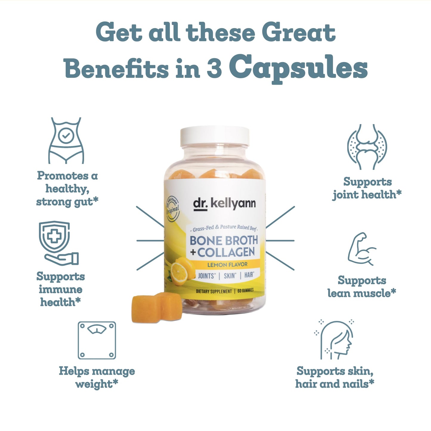 Dr. Kellyann Collagen + Bone Broth Gummies, Lemon | Gut, Skin, Joint & Hair Support | Grass-Fed Beef | Non-GMO, Dairy-Free, Soy-Free | 60 Gummies Dr. Kellyann