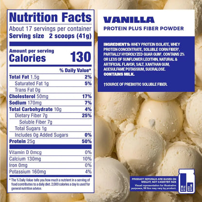 Premier Protein Powder Plus Fiber, Vanilla, 25g Protein, 7g Fiber to Support Gut Health, No Added Sugar (17 Servings) Premier Protein