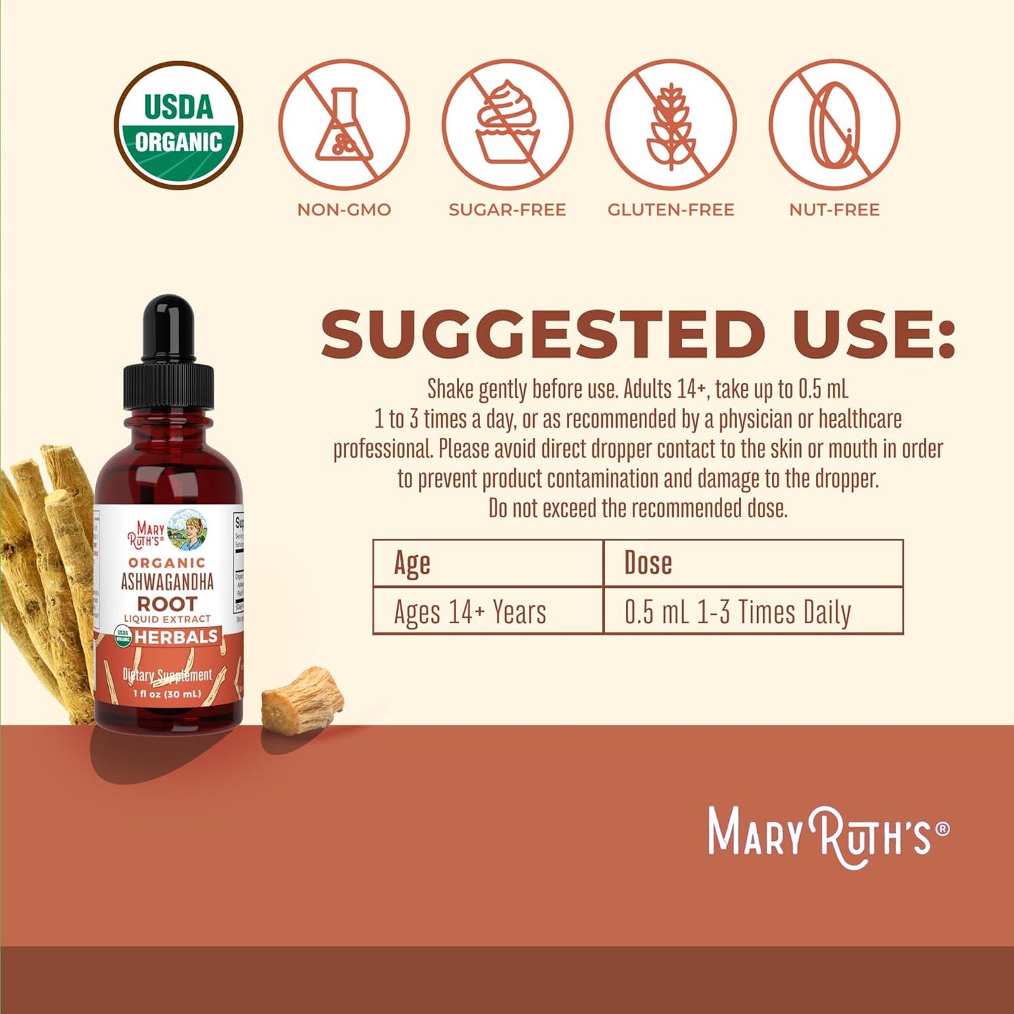 MARYRUTH'S Ashwagandha Root Liquid Drops | Mood & Stress Support Supplement | Calm & Relaxation | 590mg Ashwagandha | Adaptogen & Nervine | Vegan | USDA Organic | CLP Certified | Non-GMO | 1 oz