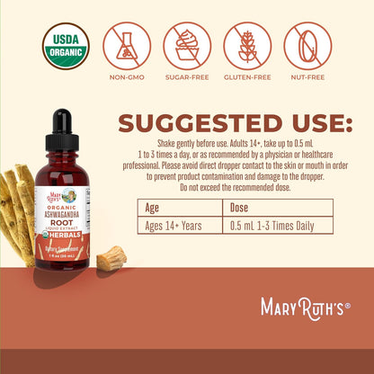 MARYRUTH'S Ashwagandha Root Liquid Drops | Mood & Stress Support Supplement | Calm & Relaxation | 590mg Ashwagandha | Adaptogen & Nervine | Vegan | USDA Organic | CLP Certified | Non-GMO | 1 oz
