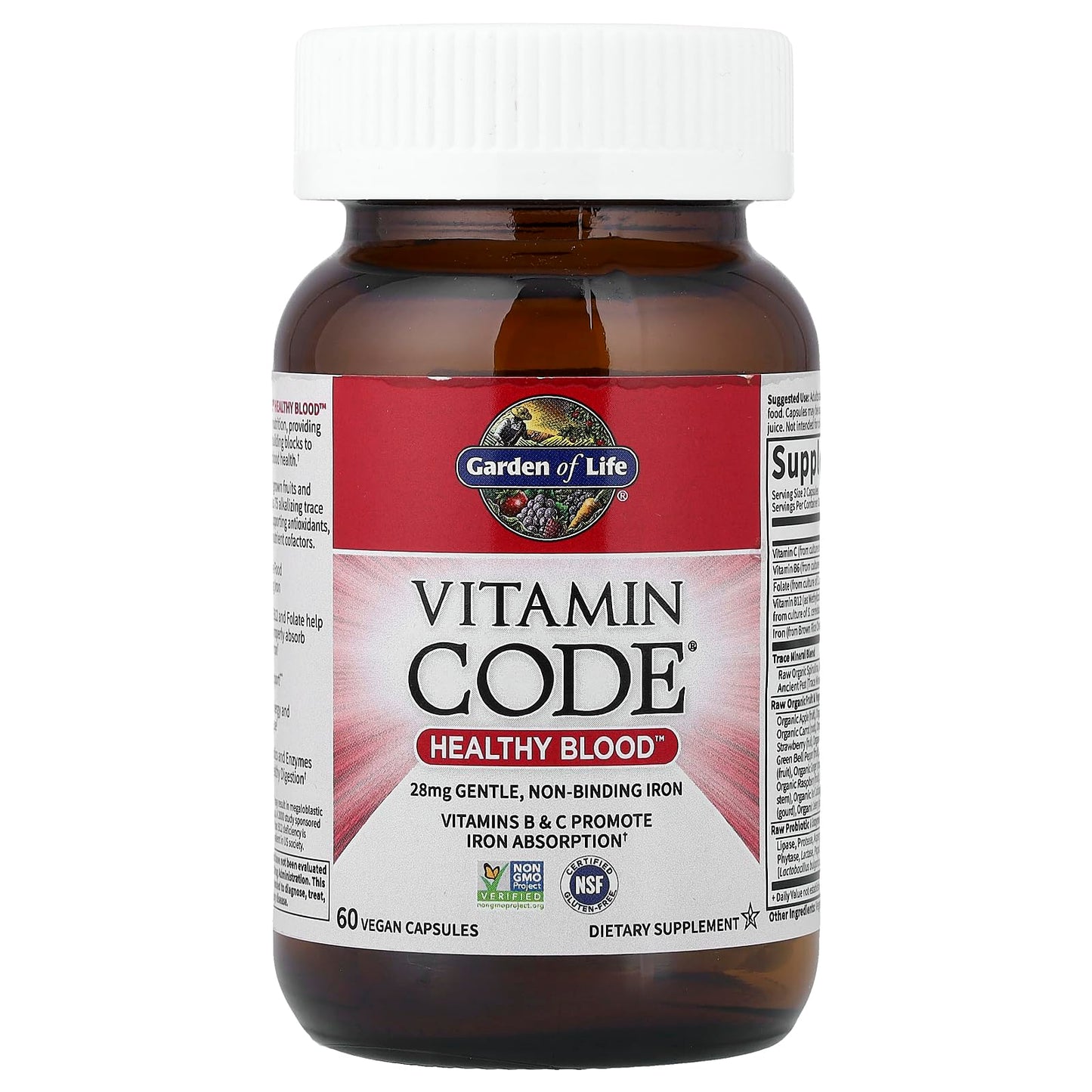 Garden of Life Vitamin Code Healthy Blood - Iron Supplement for Women, 60 Vegan Capsules, with Vitamins B, C, Trace Minerals Garden of Life